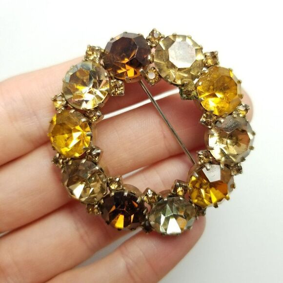 Vintage Karu Arke Inc Orange Yellow Amber Rhinestone Circle Brooch Pin Prong Set - Picture 7 of 7